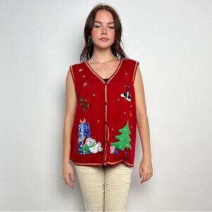 White Stag Womens Sweater Vest Size Large 12/14 Red Christmas Tree Snowman